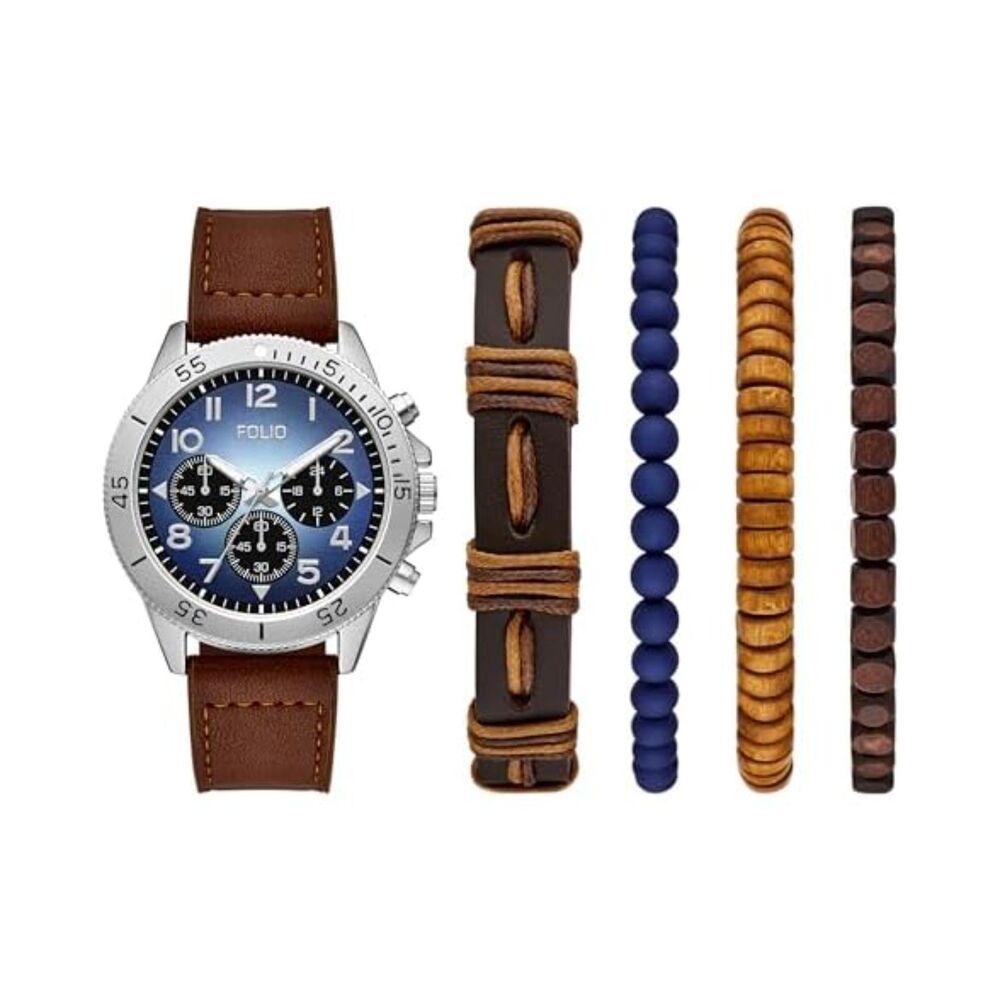 Folio Men Three-Hand Brown Strap Watch with bracelets